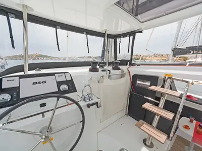 Cockpit of Deja Vu, a Lagoon 42 catamaran at Lavreotiki Municipal Unit, Greece
