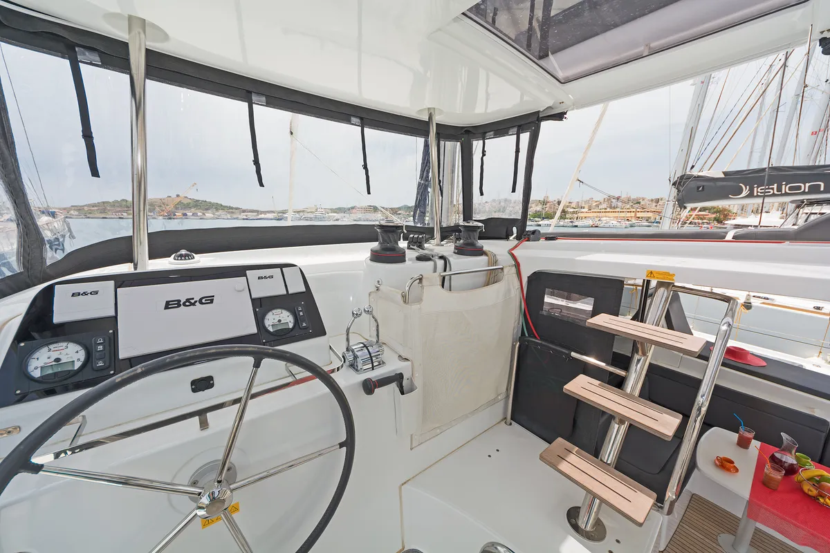 Cockpit of Deja Vu, a Lagoon 42 catamaran at Lavreotiki Municipal Unit, Greece