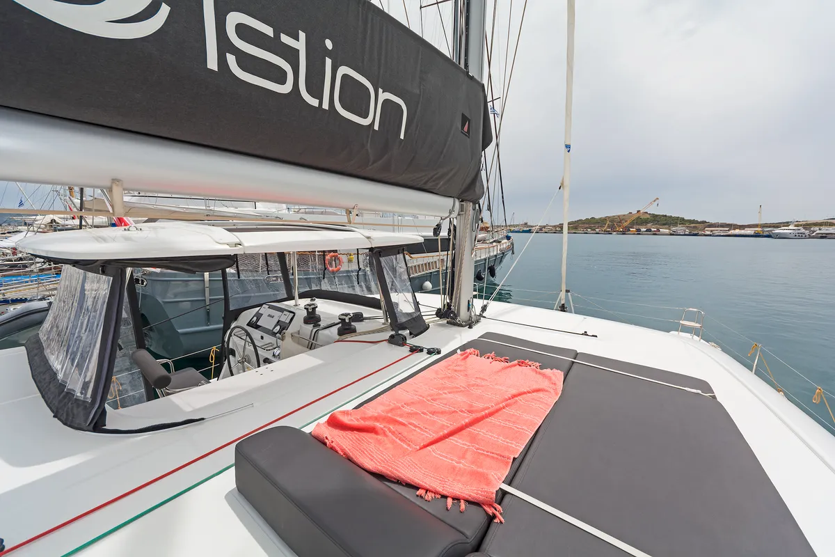 Deck of Deja Vu, a Lagoon 42 catamaran at Lavreotiki Municipal Unit, Greece