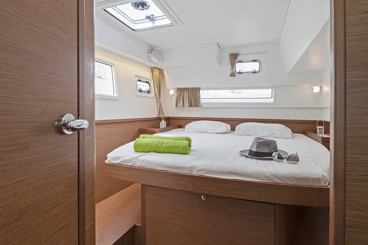 Cabin on Deja Vu, a Lagoon 42 catamaran at Lavreotiki Municipal Unit, Greece