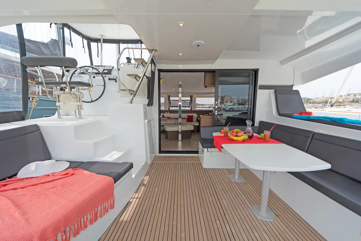 Deck of Deja Vu, a Lagoon 42 catamaran at Lavreotiki Municipal Unit, Greece