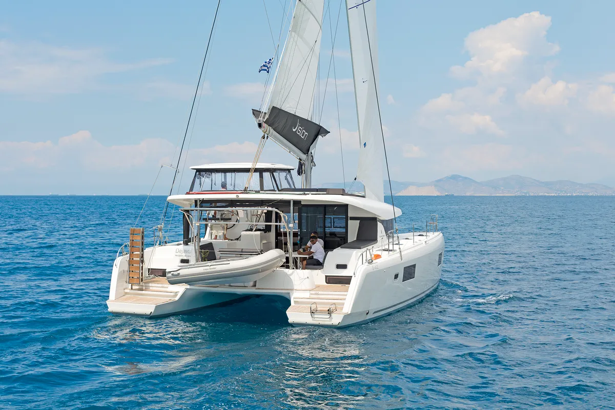 Exterior view of Deja Vu, a Lagoon 42 catamaran at Lavreotiki Municipal Unit, Greece