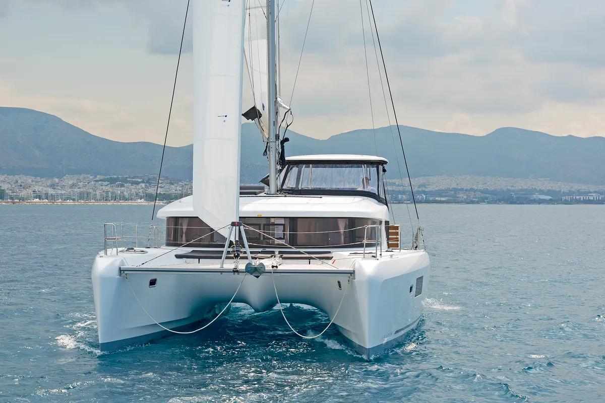 Exterior view of Deja Vu, a Lagoon 42 catamaran at Lavreotiki Municipal Unit, Greece