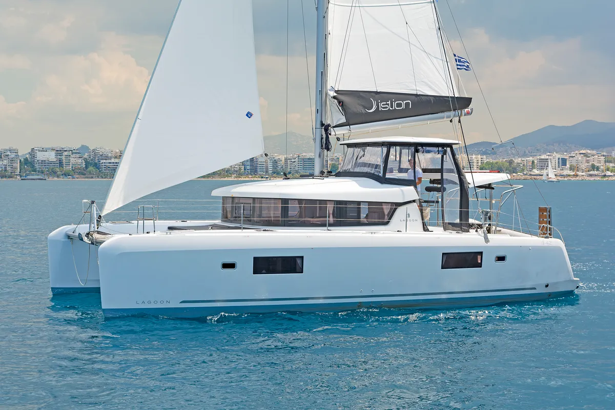 Exterior view of Deja Vu, a Lagoon 42 catamaran at Lavreotiki Municipal Unit, Greece