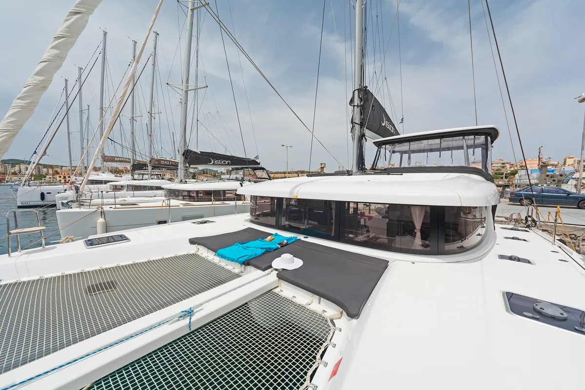 Deck of Deja Vu, a Lagoon 42 catamaran at Lavreotiki Municipal Unit, Greece