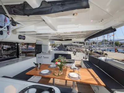 Deck of Iris, a Lagoon 46 catamaran at Athens, Greece