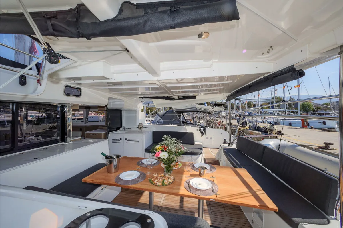 Deck of Iris, a Lagoon 46 catamaran at Athens, Greece