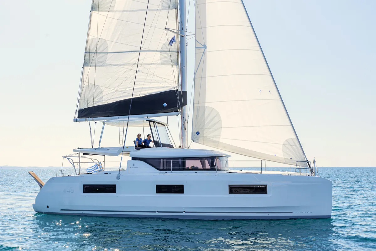 Exterior view of Iris, a Lagoon 46 catamaran at Athens, Greece