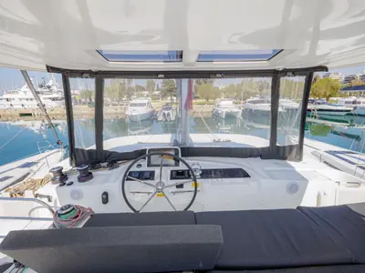 Cockpit of Iris, a Lagoon 46 catamaran at Athens, Greece