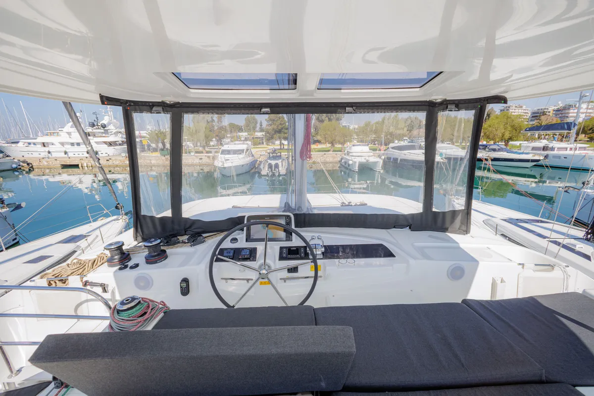 Cockpit of Iris, a Lagoon 46 catamaran at Athens, Greece
