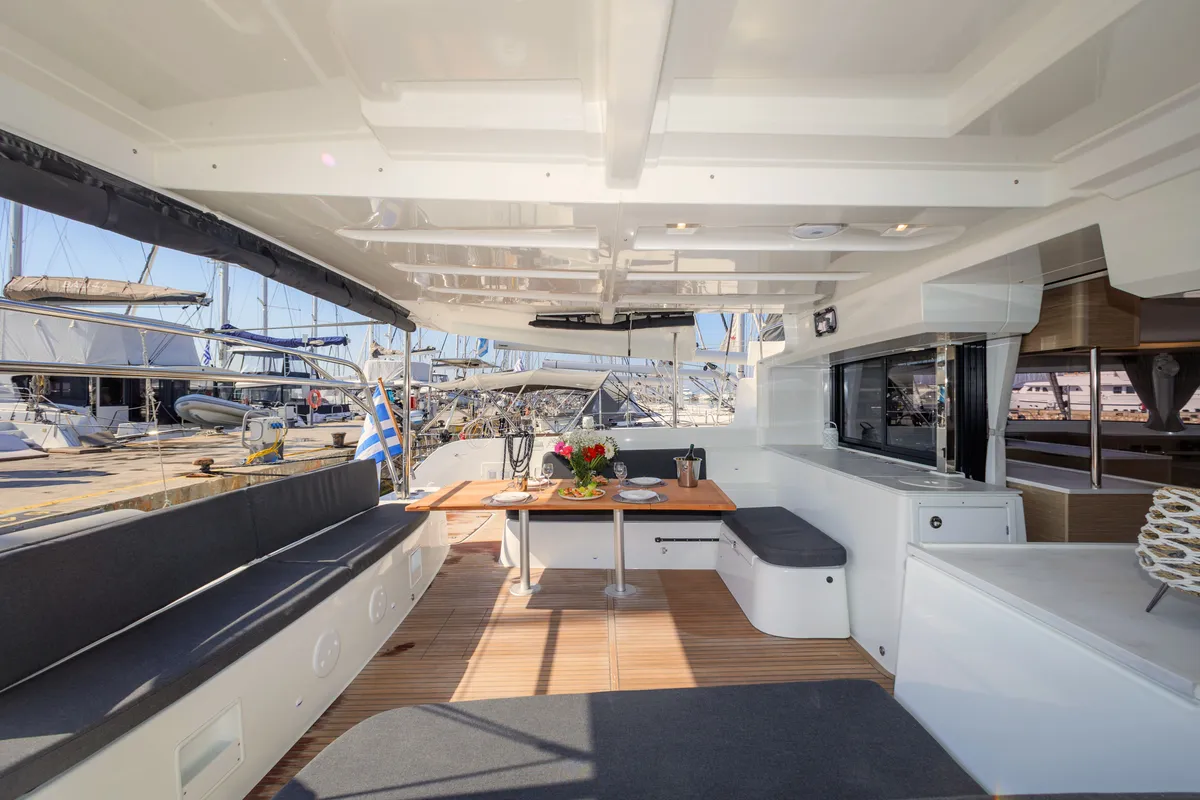 Deck of Iris, a Lagoon 46 catamaran at Athens, Greece