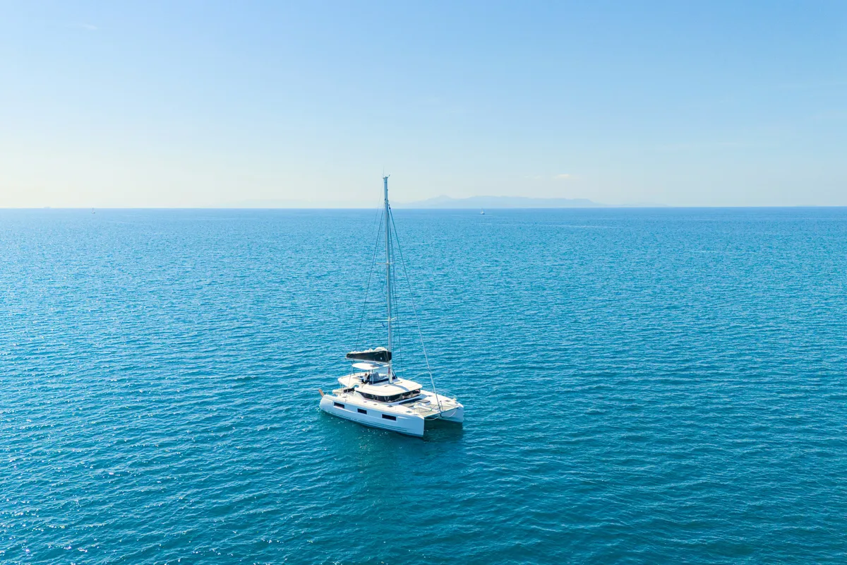 Exterior view of Iris, a Lagoon 46 catamaran at Athens, Greece