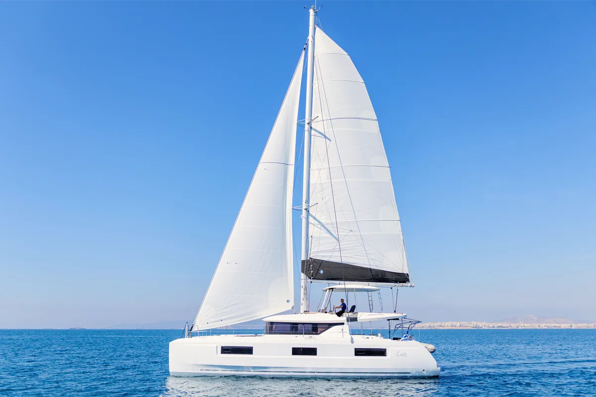 Exterior view of Iris, a Lagoon 46 catamaran at Athens, Greece