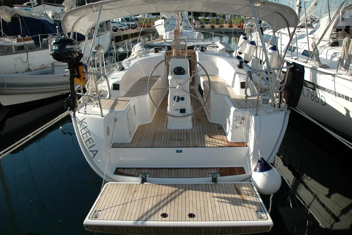 Cockpit of Kleeia, a Bavaria Cruiser 33 sailboat at Olbia, Italy