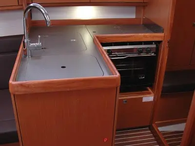 Galley of Kleeia, a Bavaria Cruiser 33 sailboat at Olbia, Italy