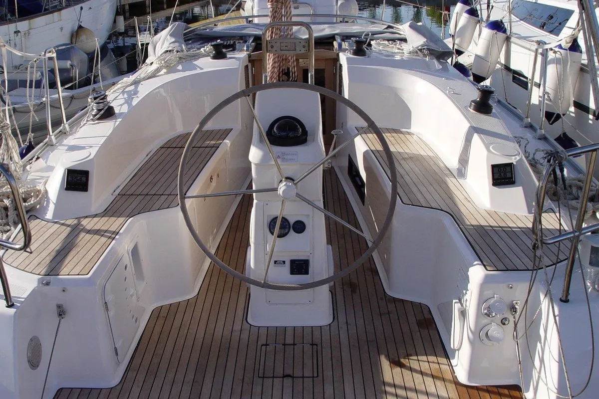 Cockpit of Kleeia, a Bavaria Cruiser 33 sailboat at Olbia, Italy