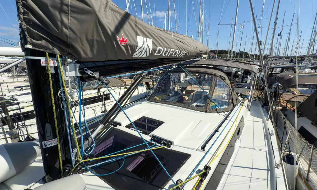 Deck of Nine to five, a Dufour 41 Performance sailboat at Grad Pula, Croatia