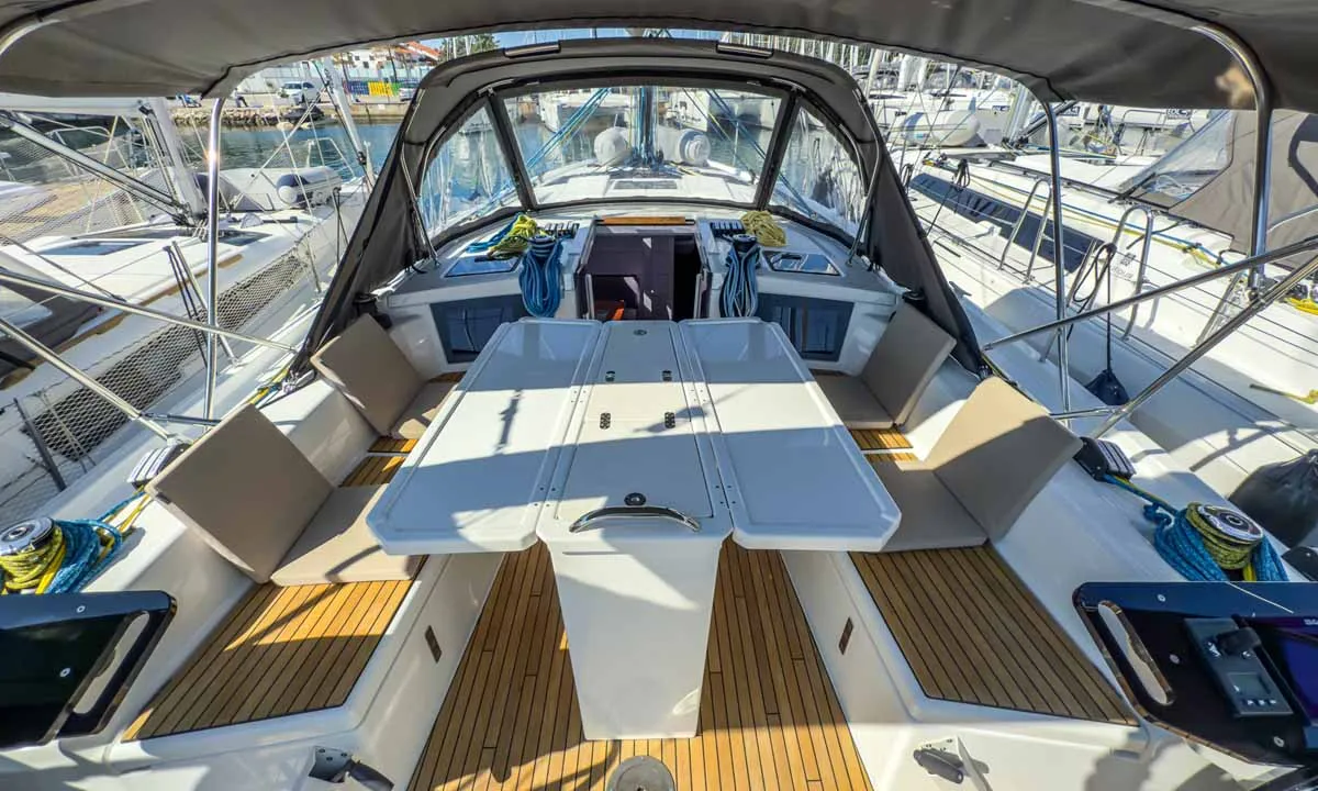 Deck of Nine to five, a Dufour 41 Performance sailboat at Grad Pula, Croatia