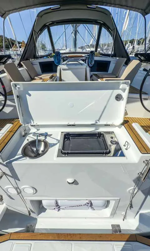 Deck of Nine to five, a Dufour 41 Performance sailboat at Grad Pula, Croatia
