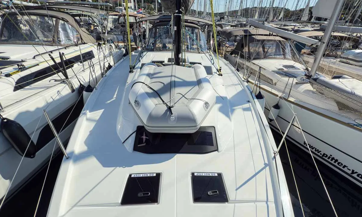 Deck of Nine to five, a Dufour 41 Performance sailboat at Grad Pula, Croatia