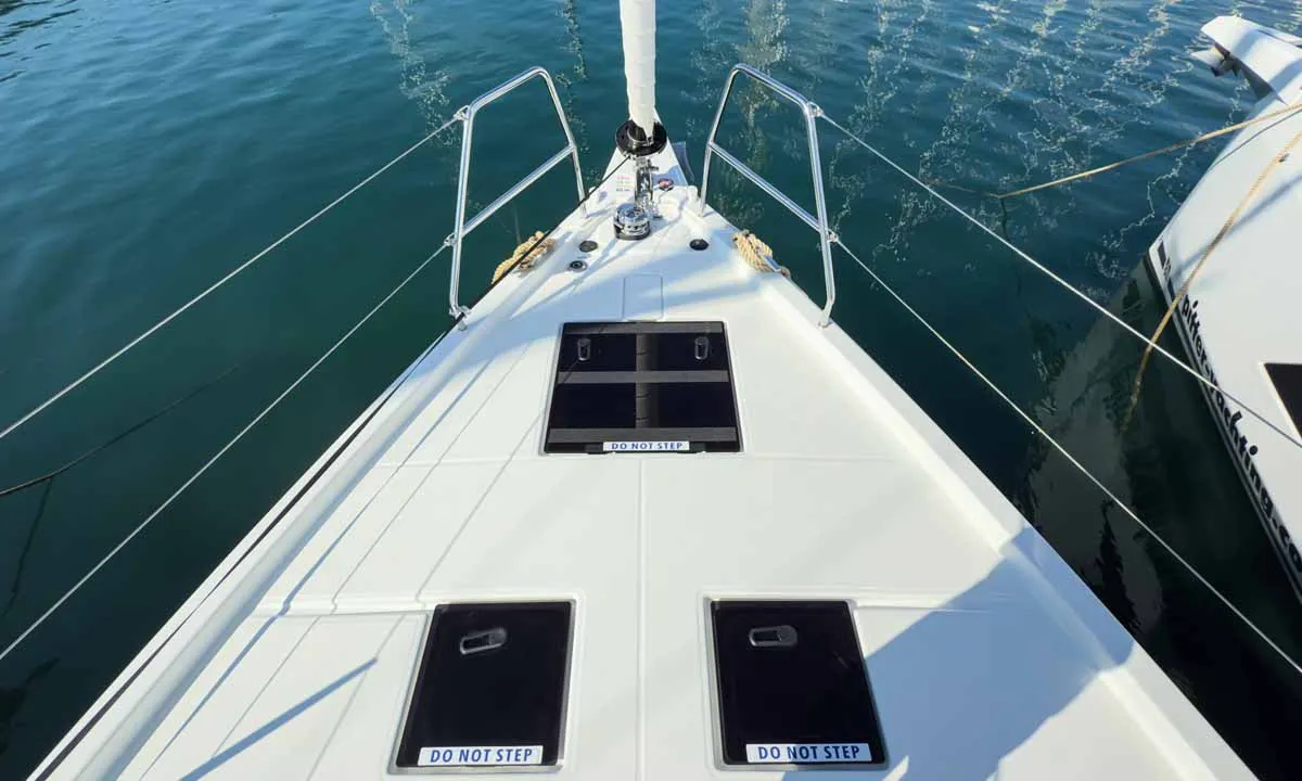 Deck of Nine to five, a Dufour 41 Performance sailboat at Grad Pula, Croatia