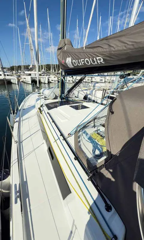 Deck of Nine to five, a Dufour 41 Performance sailboat at Grad Pula, Croatia