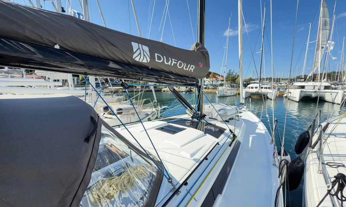 Deck of Nine to five, a Dufour 41 Performance sailboat at Grad Pula, Croatia