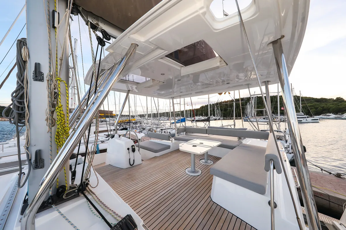 Deck of Carpe Diem, a Bali 4.8 catamaran at Trogir, Croatia