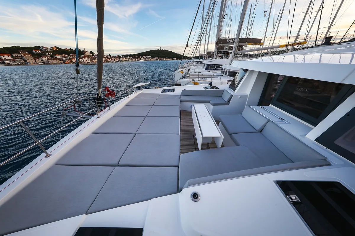 Deck of Carpe Diem, a Bali 4.8 catamaran at Trogir, Croatia