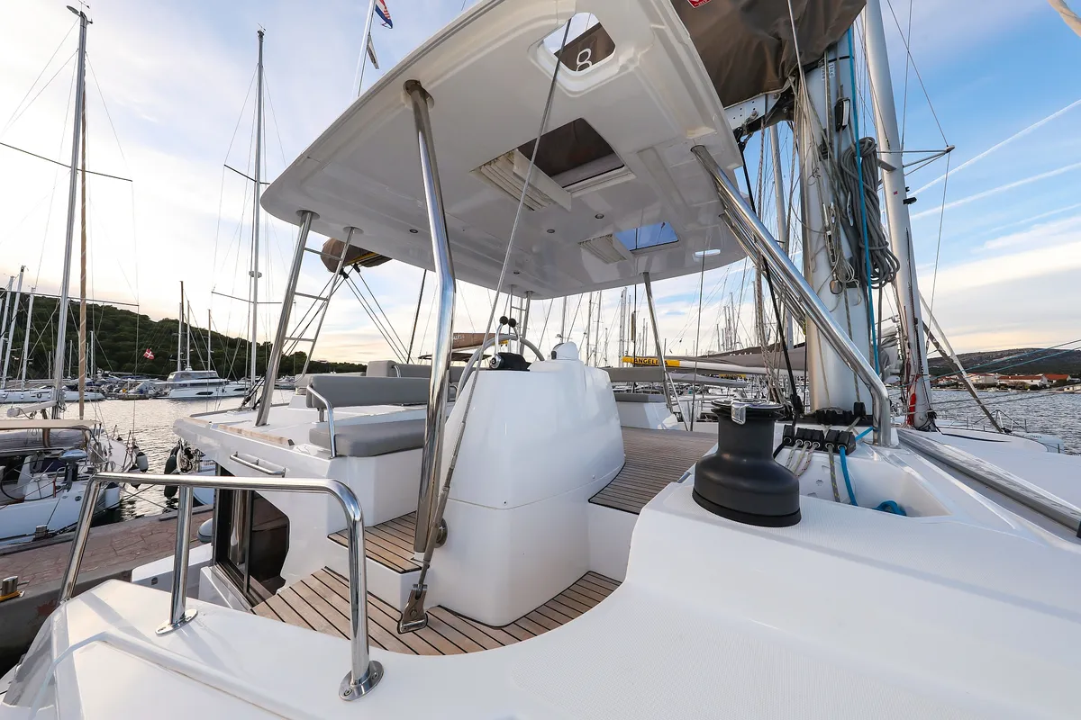 Cockpit of Carpe Diem, a Bali 4.8 catamaran at Trogir, Croatia
