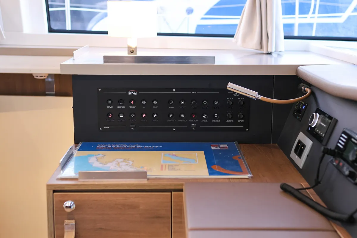 Cockpit of Carpe Diem, a Bali 4.8 catamaran at Trogir, Croatia