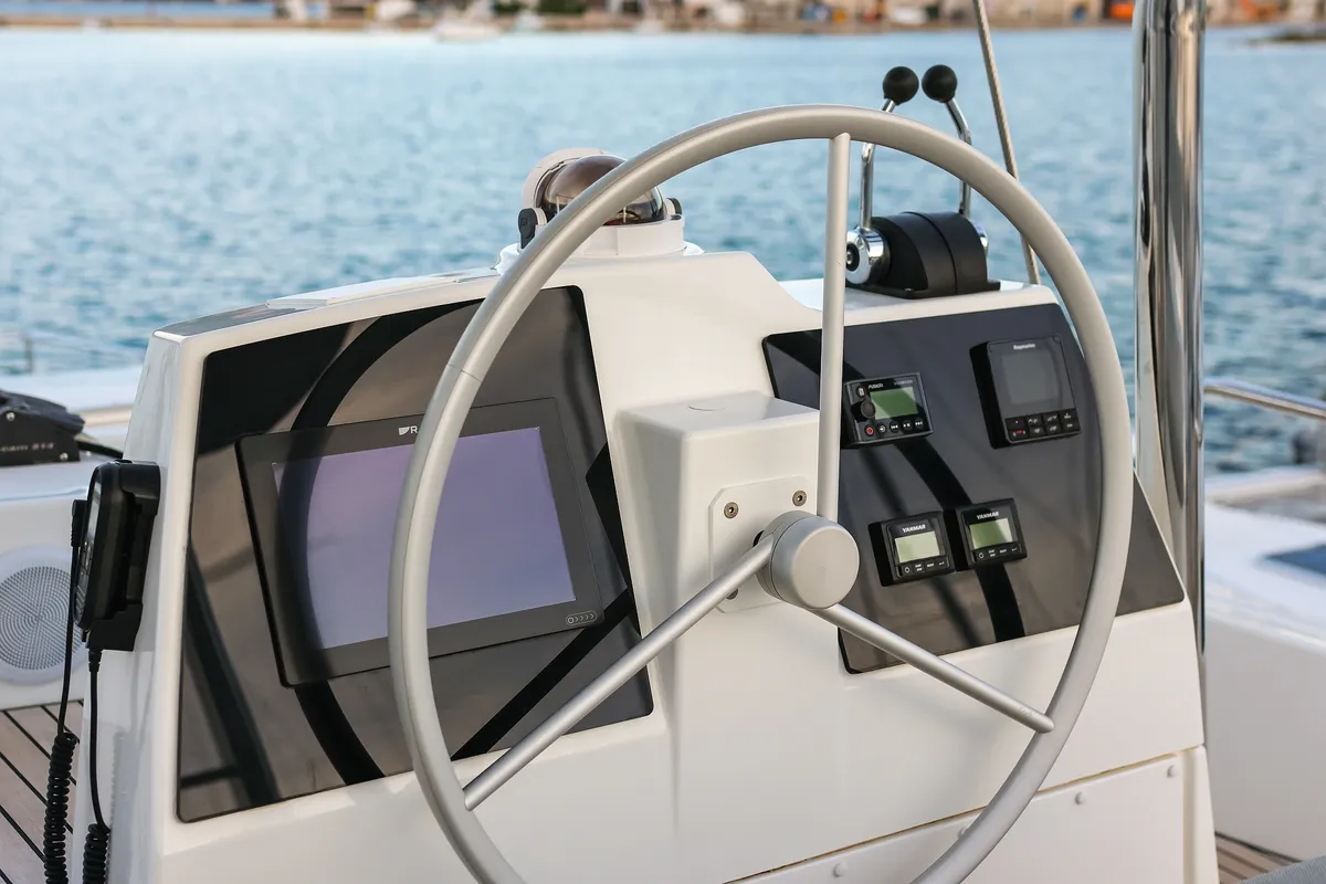 Cockpit of Carpe Diem, a Bali 4.8 catamaran at Trogir, Croatia