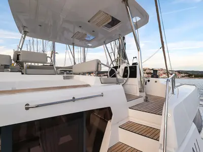 Cockpit of Carpe Diem, a Bali 4.8 catamaran at Trogir, Croatia