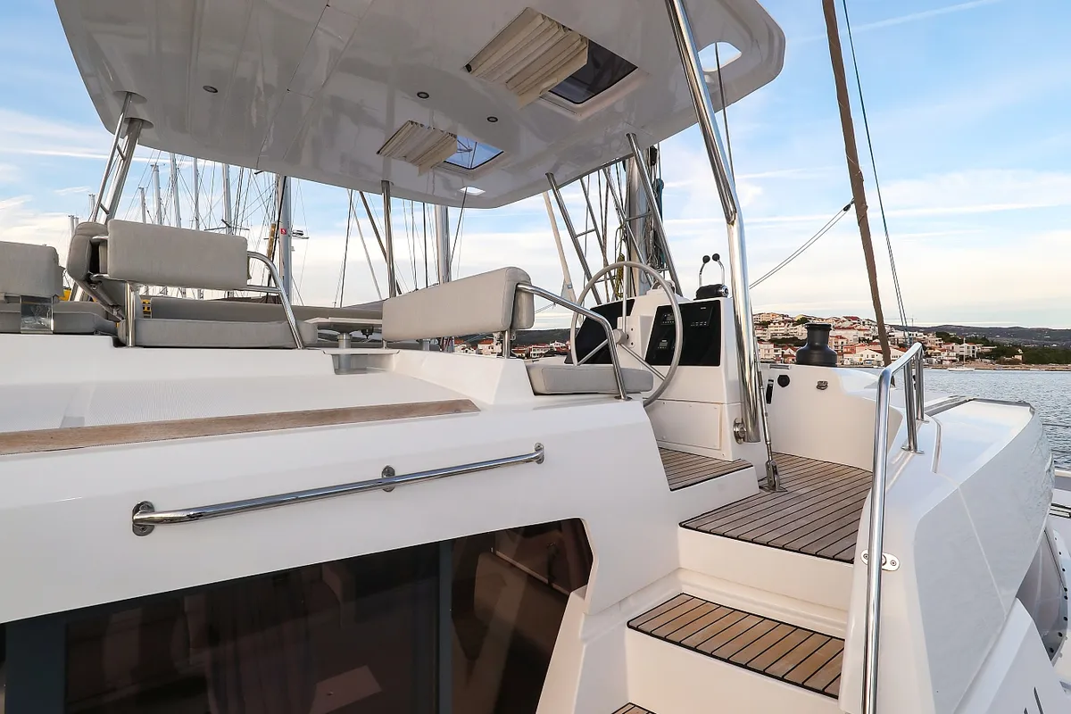 Cockpit of Carpe Diem, a Bali 4.8 catamaran at Trogir, Croatia
