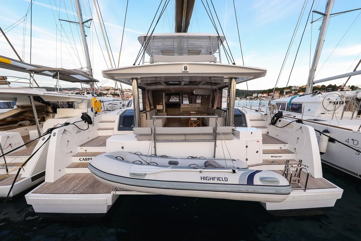 Exterior view of Carpe Diem, a Bali 4.8 catamaran at Trogir, Croatia