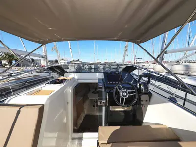 Cockpit of Planac, a Nuva M9 Cabin motorboat at Palma de Mallorca, Spain