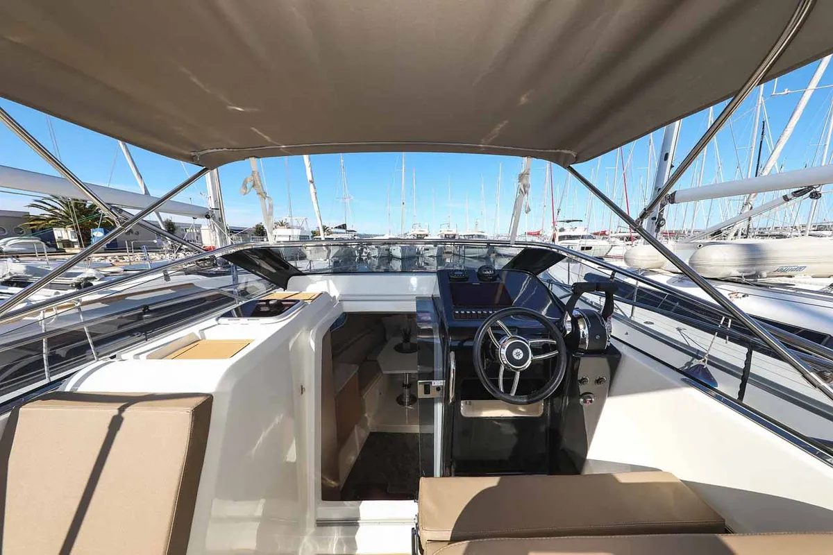 Cockpit of Planac, a Nuva M9 Cabin motorboat at Palma de Mallorca, Spain