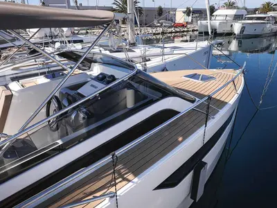 Deck of Planac, a Nuva M9 Cabin motorboat at Palma de Mallorca, Spain