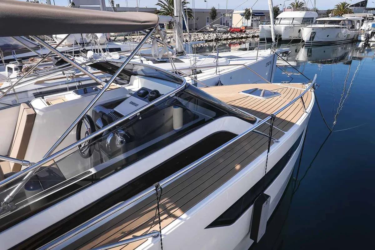 Deck of Planac, a Nuva M9 Cabin motorboat at Palma de Mallorca, Spain