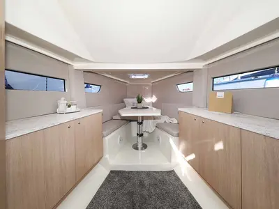 Salon of Planac, a Nuva M9 Cabin motorboat at Palma de Mallorca, Spain