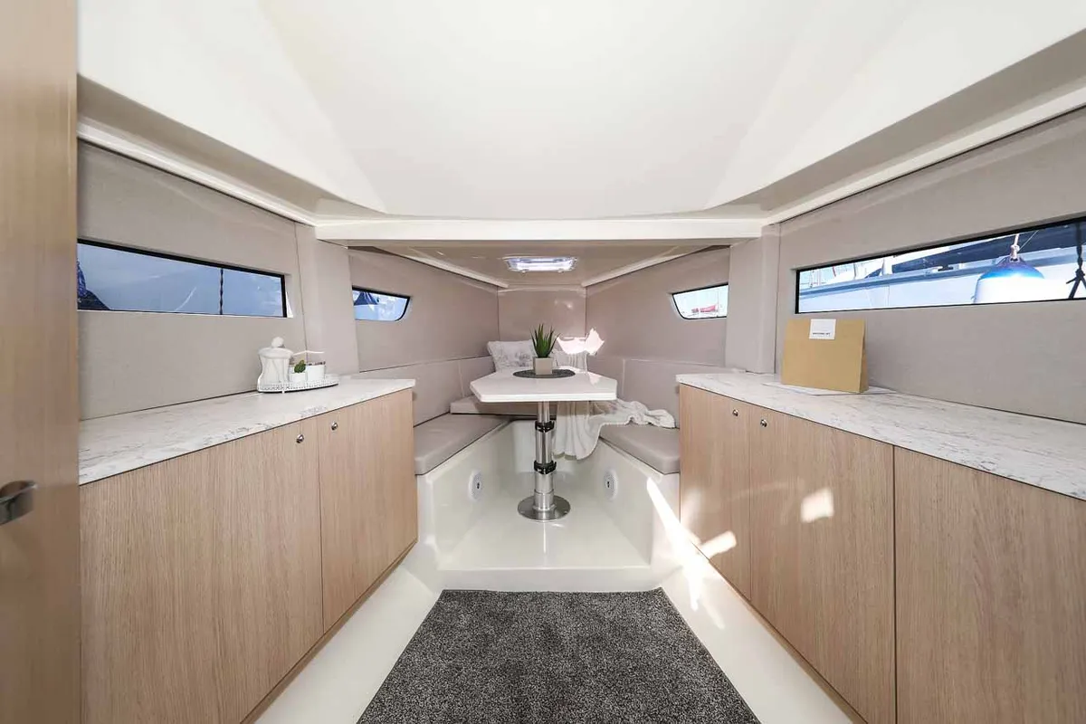 Salon of Planac, a Nuva M9 Cabin motorboat at Palma de Mallorca, Spain