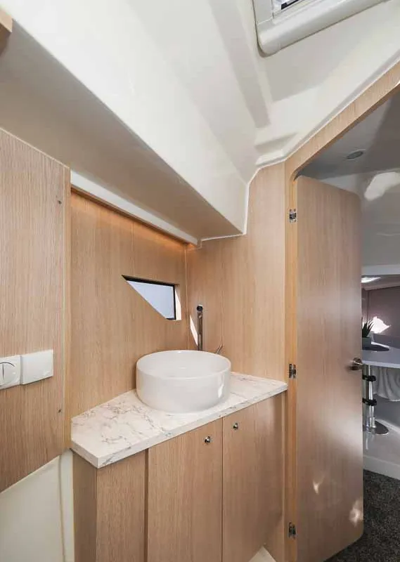 Head on Planac, a Nuva M9 Cabin motorboat at Palma de Mallorca, Spain
