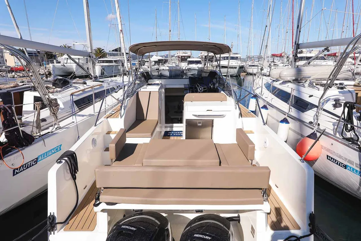 Deck of Planac, a Nuva M9 Cabin motorboat at Palma de Mallorca, Spain