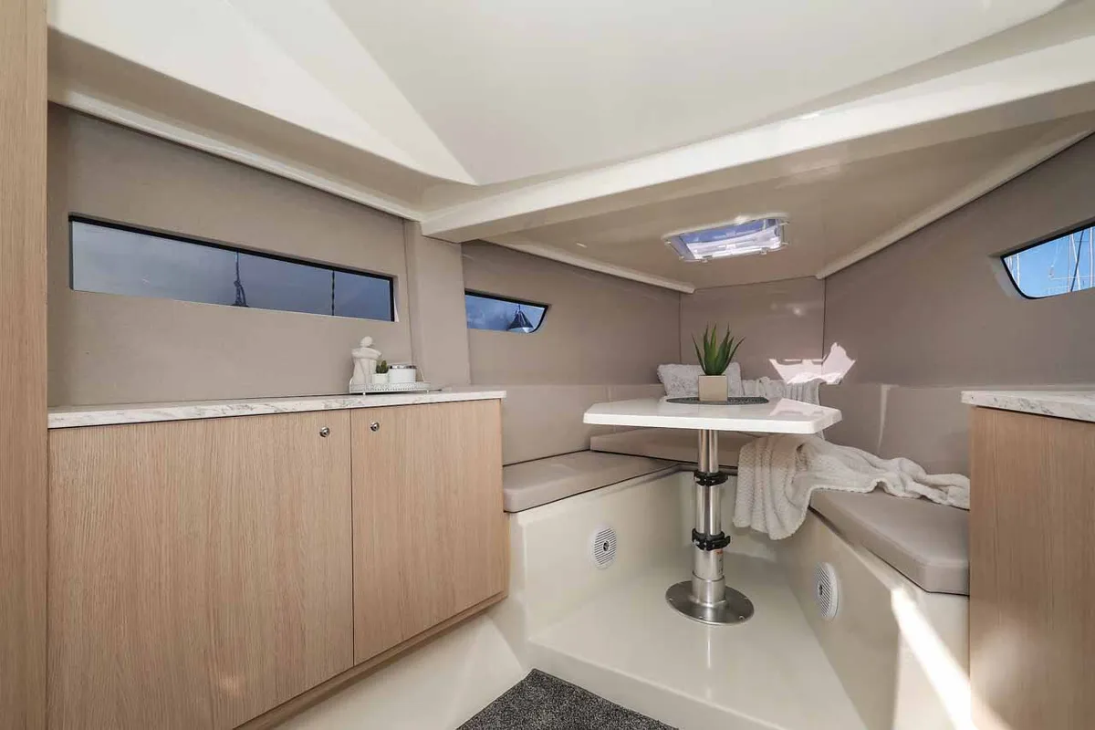 Salon of Planac, a Nuva M9 Cabin motorboat at Palma de Mallorca, Spain