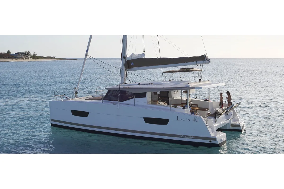 Exterior view of Comfort, a Fountaine Pajot Lucia 40 catamaran at Grimaud, France