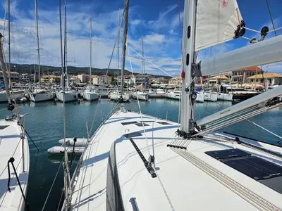 Deck of Salvia, a Bavaria 51 Cruiser sailboat at Lefkada, Greece