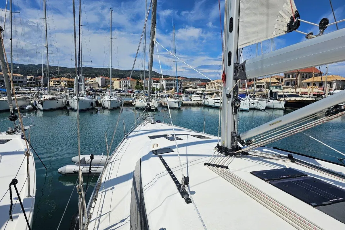 Deck of Salvia, a Bavaria 51 Cruiser sailboat at Lefkada, Greece