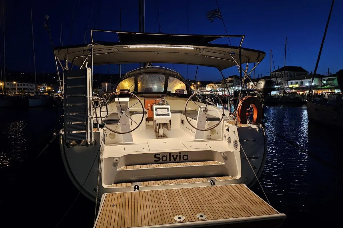 Exterior view of Salvia, a Bavaria 51 Cruiser sailboat at Lefkada, Greece