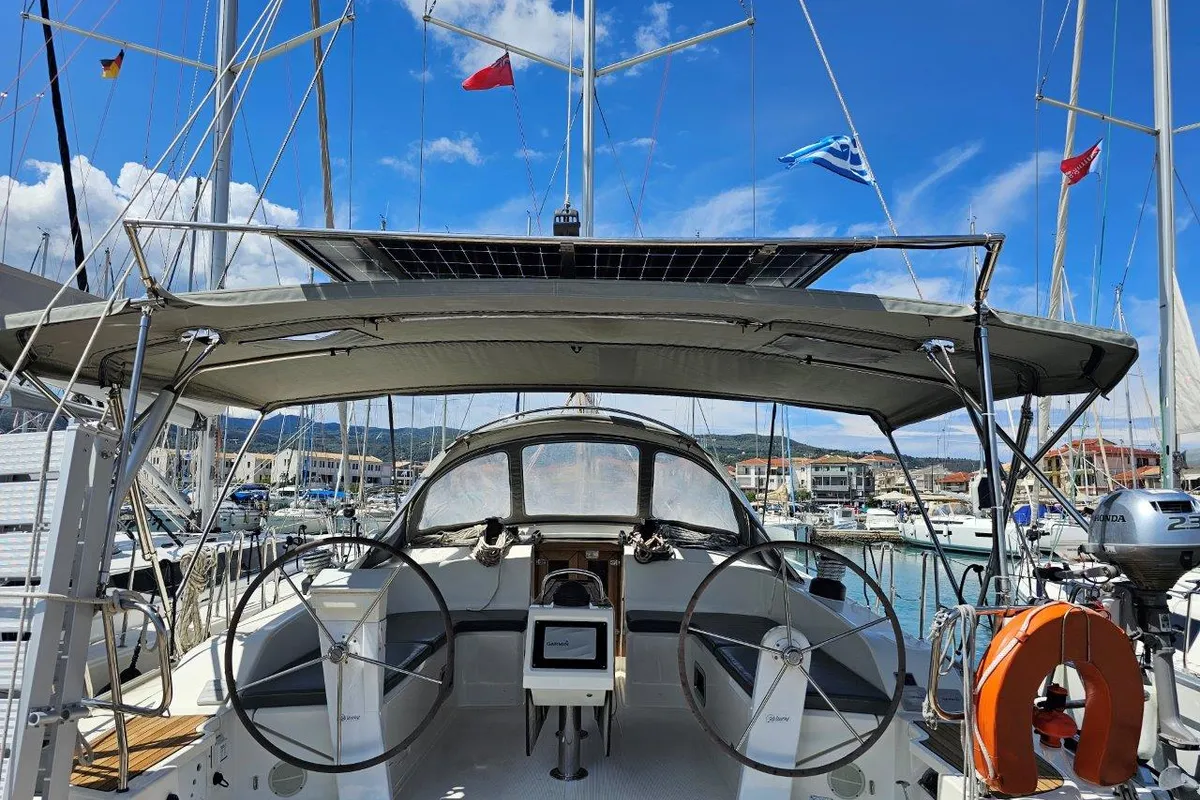Cockpit of Salvia, a Bavaria 51 Cruiser sailboat at Lefkada, Greece