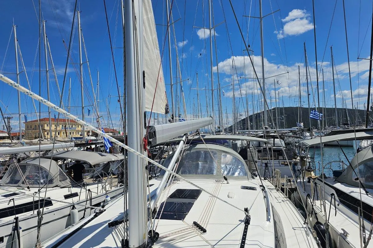 Deck of Salvia, a Bavaria 51 Cruiser sailboat at Lefkada, Greece